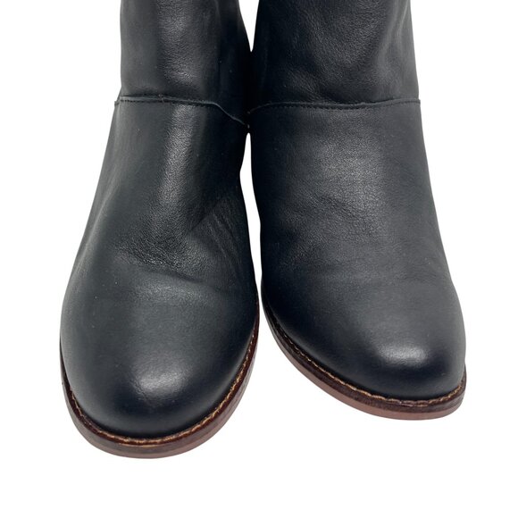 TOMS BLACK LEATHER HEEL ANKLE BOOTS 6.5 WOMENS BACK  ZIP TASSEL BOOTIES WOOD HEE - Picture 7 of 16